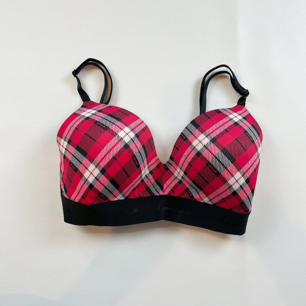 NWOT Victoria's Secret PINK Bra 32DD Wear Everywhere Wireless Red Plaid B1123